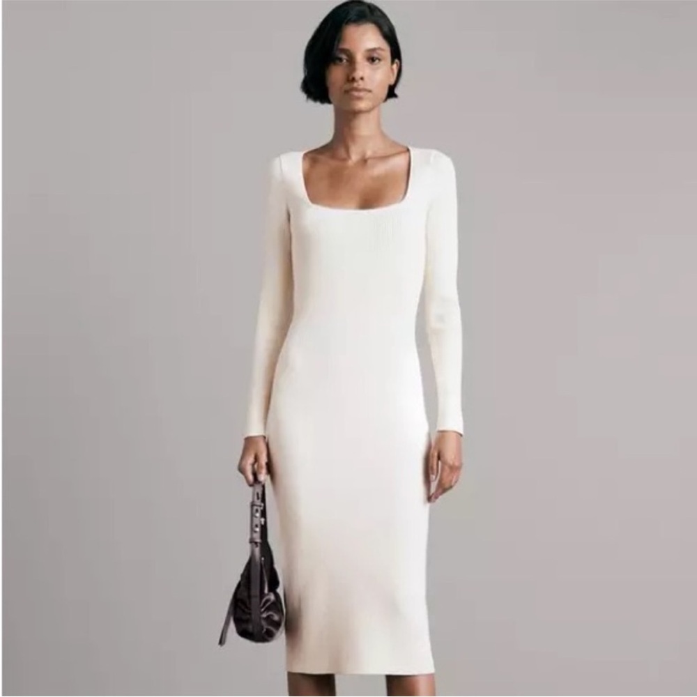 NWT Rag & Bone Ivory Ribbed Knit Square Neckline Body Con MIDI Dress Size L